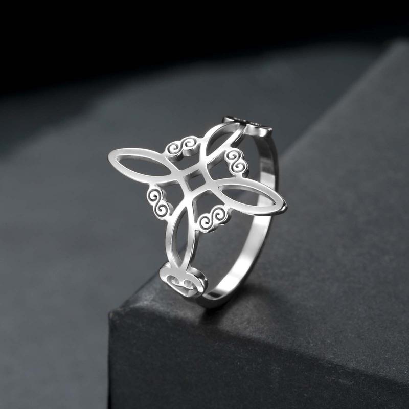 Celtic Knot Ring - Stainless Steel Hollow Wave Design, Floral Petal Witchy Ring for Women, Elegant Gothic Boho Jewelry, Adjustable Size, Everyday Stackable Ring