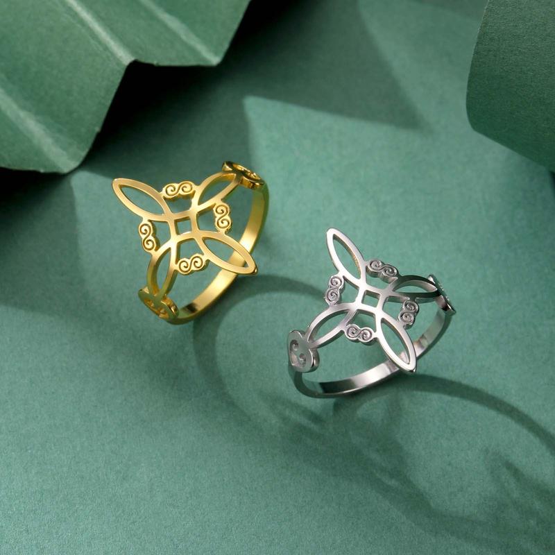 Celtic Knot Ring - Stainless Steel Hollow Wave Design, Floral Petal Witchy Ring for Women, Elegant Gothic Boho Jewelry, Adjustable Size, Everyday Stackable Ring