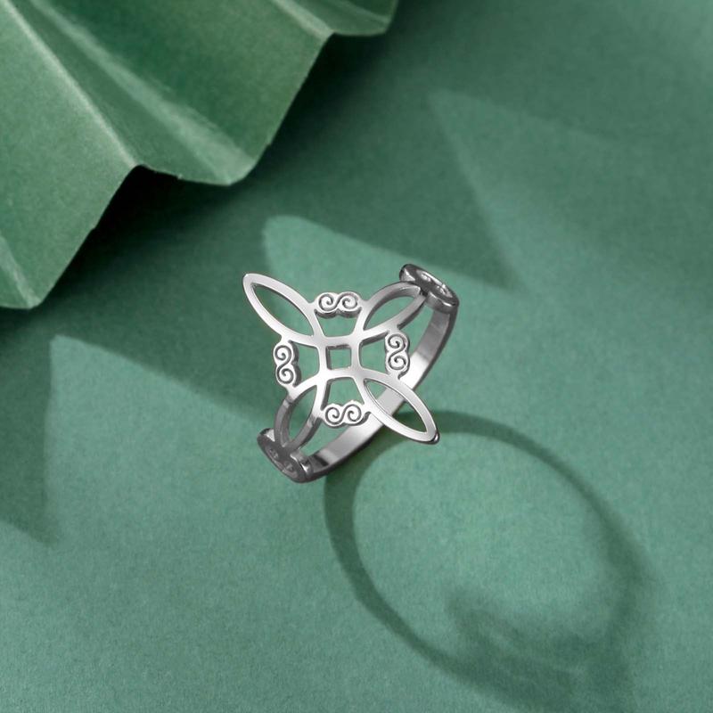 Celtic Knot Ring - Stainless Steel Hollow Wave Design, Floral Petal Witchy Ring for Women, Elegant Gothic Boho Jewelry, Adjustable Size, Everyday Stackable Ring