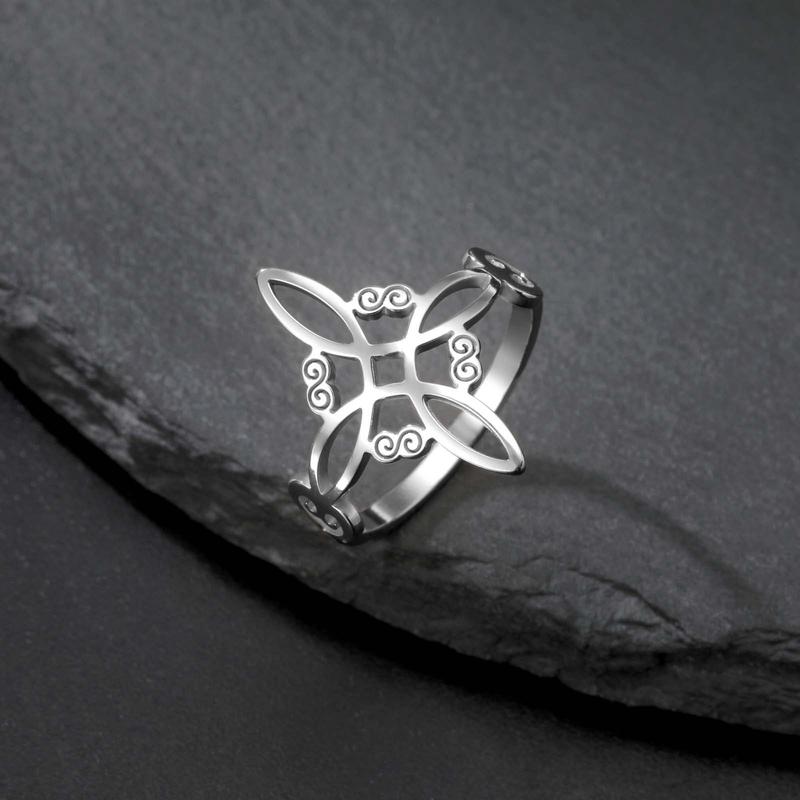 Celtic Knot Ring - Stainless Steel Hollow Wave Design, Floral Petal Witchy Ring for Women, Elegant Gothic Boho Jewelry, Adjustable Size, Everyday Stackable Ring