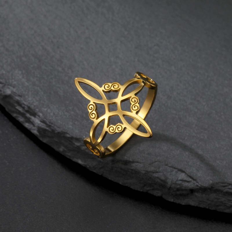 Celtic Knot Ring - Stainless Steel Hollow Wave Design, Floral Petal Witchy Ring for Women, Elegant Gothic Boho Jewelry, Adjustable Size, Everyday Stackable Ring