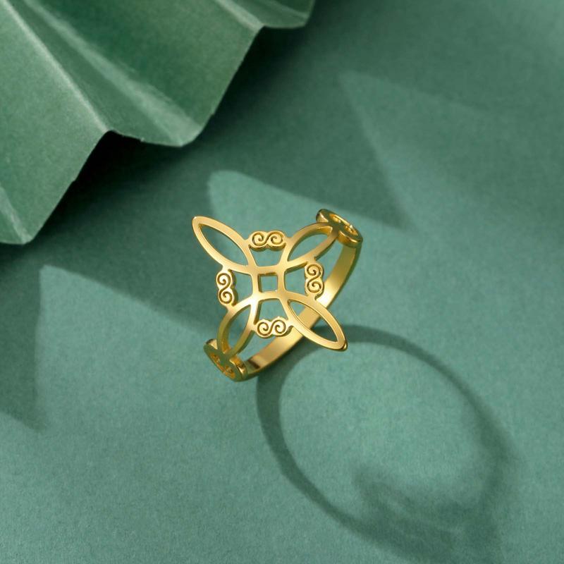 Celtic Knot Ring - Stainless Steel Hollow Wave Design, Floral Petal Witchy Ring for Women, Elegant Gothic Boho Jewelry, Adjustable Size, Everyday Stackable Ring