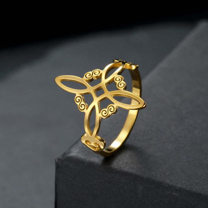 Celtic Knot Ring - Stainless Steel Hollow Wave Design, Floral Petal Witchy Ring for Women, Elegant Gothic Boho Jewelry, Adjustable Size, Everyday Stackable Ring