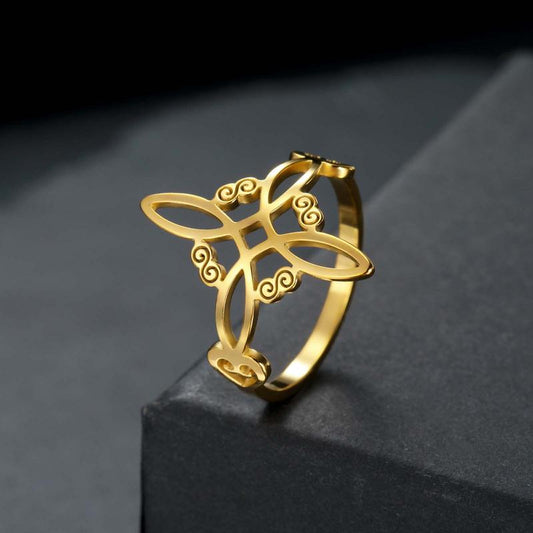 Celtic Knot Ring - Stainless Steel Hollow Wave Design, Floral Petal Witchy Ring for Women, Elegant Gothic Boho Jewelry, Adjustable Size, Everyday Stackable Ring