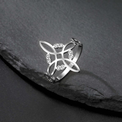 Celtic Knot Ring - Stainless Steel Hollow Wave Design, Floral Petal Witchy Ring for Women, Elegant Gothic Boho Jewelry, Adjustable Size, Everyday Stackable Ring