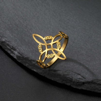 Celtic Knot Ring - Stainless Steel Hollow Wave Design, Floral Petal Witchy Ring for Women, Elegant Gothic Boho Jewelry, Adjustable Size, Everyday Stackable Ring